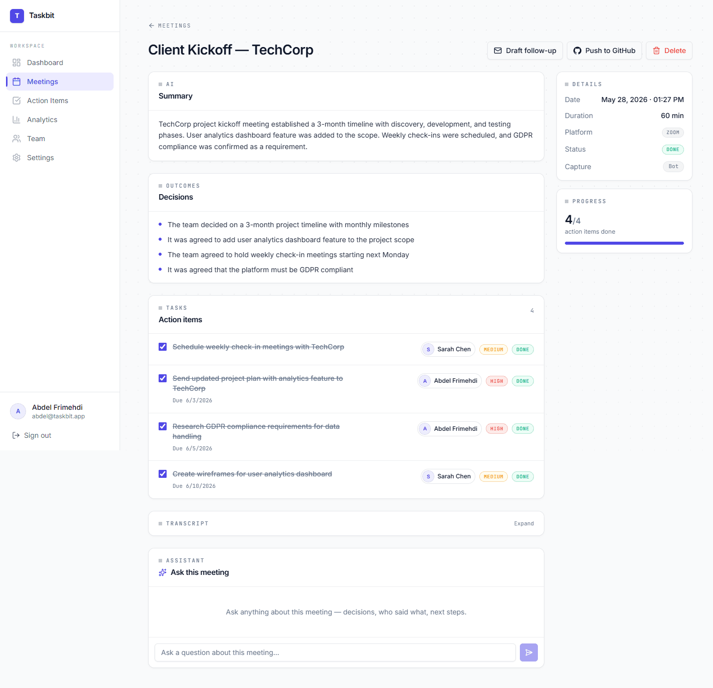 The real Taskbit meeting page: AI summary, decisions, and completed action items with owners and due dates